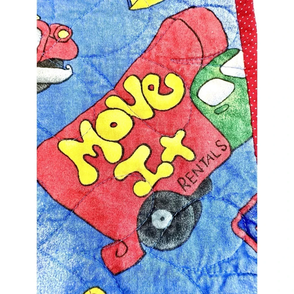 Vintage Quilted Baby Blanket Transportation School Bus Road‎ Signs 28x40 Blue